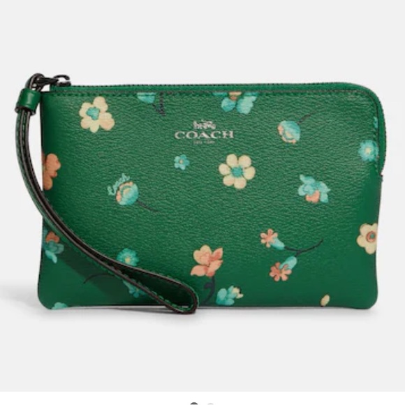 Coach Handbags - Coach Green Corner Zip Wristlet With Mini Vintage Rose Print